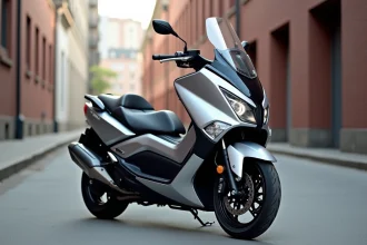 Yamaha TMAX 750 argenté garé en ville, vue trois quarts avant sur rue pavée