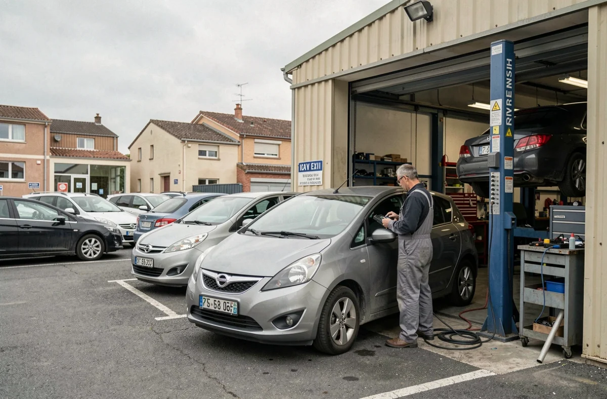 Atelier de mécanique et espace de vente de YC Auto dans le sud toulousain avec un technicien utilisant un outil de diagnostic