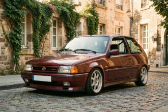 Youngtimer européen des années 90 restauré avec tuning discret, garé sur des pavés dans une rue de ville française
